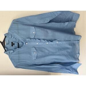 Talbots Blue Ruffle Front Button Blouse Women’s Size 10 Cotton Long Sleeve